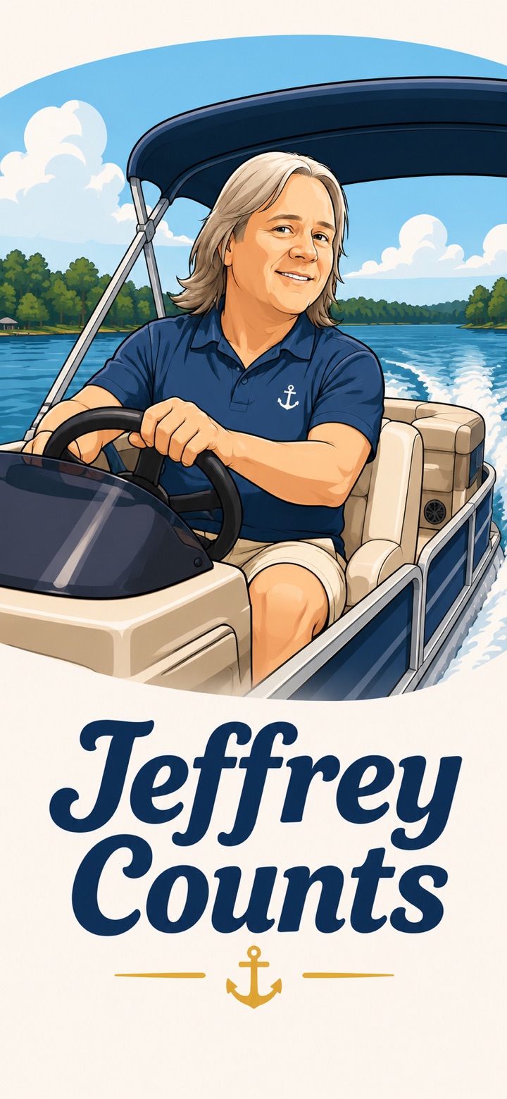 Illustration of Jeffrey Counts driving a pontoon boat on a lake